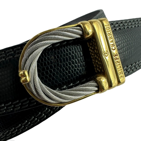 Vintage PHILIPPE CHARRIOL Rope Black Genuine Leather Lizard Pattern Belt Size 42 - Picture 8 of 12